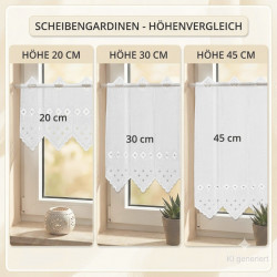 Scheibengardinen-Höhenvergleich für weiße Plauener Spitze am Fenster in 20 cm, 30 cm und 45 cm