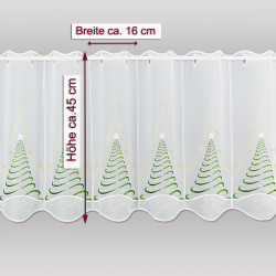 Scheibengardine aus weißem Voile mit Tannenbaum-Stickerei, Maße: Höhe ca. 45 cm, Segmentbreite ca. 16 cm.