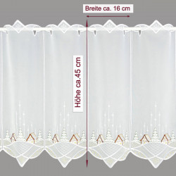 Scheibengardine aus Plauener Spitze mit Winterdorf-Motiv, Maßangabe: Höhe ca. 45 cm, Breite ca. 16 cm.