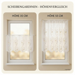 Höhenvergleich für Scheibengardinen aus Plauener Spitze am Fenster in den Längen 35 cm und 55 cm.