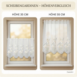 Höhenvergleich für Scheibengardinen aus Plauener Spitze am Fenster in den Längen 35 cm und 55 cm.