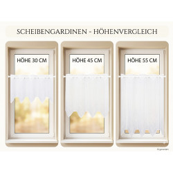 Scheibengardinen-Höhenvergleich mit drei Varianten in 30 cm, 45 cm und 55 cm Höhe an Fenstern. Heimtextilien.