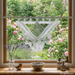 Weiße Scheibengardine aus Plauener Spitze mit Blütenmuster am Fenster, elegante Heimtextilien im Landhausstil.