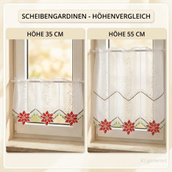 Scheibengardinen Höhenvergleich: Transparente Plauener Spitze Gardine mit Weihnachtssternen in 35 cm und 55 cm.