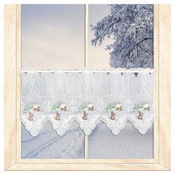 Weiße Plauener Spitze Scheibengardine mit Futterkrippe, Hase & Reh vor Winterlandschaft, Heimtextilien. 35 cm hoch