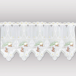 Halbtransparente Bistrogardine aus Plauener Spitze mit Futterkrippe-Motiv und Bogensaum. 35 cm hoch