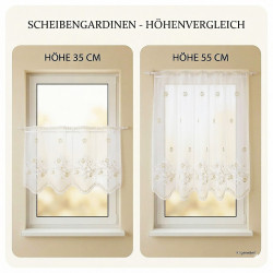 Scheibengardinen Höhenvergleich: Weiße Plauener Spitze Gardine mit Winterzweig-Stickerei in 35 cm und 55 cm.
