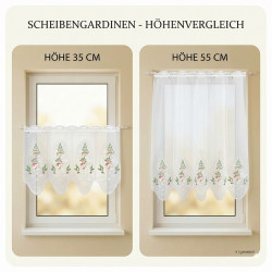 Scheibengardinen Höhenvergleich: Plauener Spitze Gardine mit Schneemann-Stickerei in 35 cm und 55 cm Höhe.