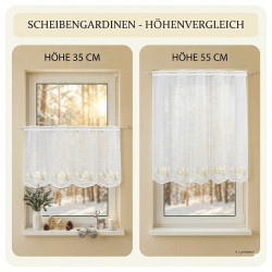Scheibengardinen Höhenvergleich: Plauener Spitze Gardine mit Häuser-Stickerei in 35 cm und 55 cm Höhe.