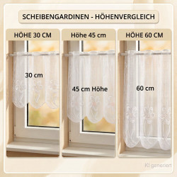 Höhenvergleich für Scheibengardinen am Fenster in den Längen 30 cm, 45 cm und 60 cm.