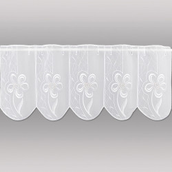 Freisteller weiße Scheibengardine aus Voile mit Blumen-Stickerei und Bogenabschluss. 30 cm hoch