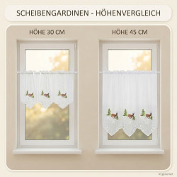 Scheibengardinen-Höhenvergleich: Kurze Bisgardine in 30 cm und 45 cm Höhe am Fenster nebeneinander.