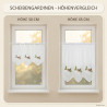 Scheibengardinen-Höhenvergleich: Kurze Bisgardine in 30 cm und 45 cm Höhe am Fenster nebeneinander.