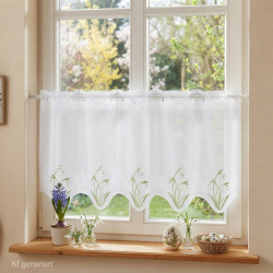 Frühlingshafte Heimtextilien: Weiße Scheibengardine mit Schneeglöckchen am dekorierten Fenster.