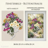 Besticktes Heimtextilien-Fensterbild als bunter Blütenstrauß in Lila, Gelb und Weiß mit Schmetterling, im Fenster.