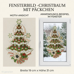 Festliches Heimtextilien-Fensterbild als Christbaum mit Päckchen, roten Kerzen und goldenen Schleifen im Fenster.