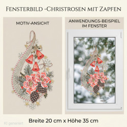 Heimtextilien-Fensterbild mit roten Christrosen, Zapfen, Glocken und goldenen Sternen, dekorativ im Fenster.