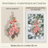 Heimtextilien-Fensterbild mit roten Christrosen, Zapfen, Glocken und goldenen Sternen, dekorativ im Fenster.