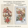 Heimtextilien-Fensterbild mit Eichhörnchen auf rotem Vogelhaus, Tannengrün und Weihnachtsstern im Fenster.