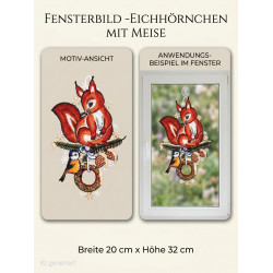 Heimtextilien-Fensterbild mit rotem Eichhörnchen und blauer Meise auf Ast mit Tannenzapfen im Fenster.