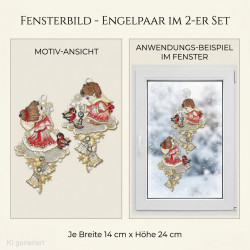 2er-Set Heimtextilien-Fensterbild mit roten Engeln auf Wolken, Vögeln und Glocken, im Fenster dekoriert.