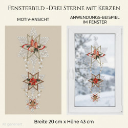 Gesticktes Heimtextilien-Fensterbild am Baumstumpf mit bunten Vögeln, Beeren und gelben Pilzen, im Fenster hängend.