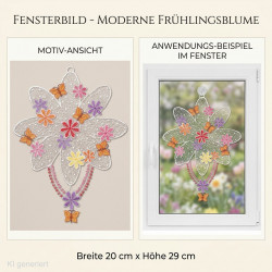 Frühlingshaftes Heimtextilien-Fensterbild als große, weiße Blume mit bunten Blüten, Schmetterlingen und Perlenkette im Fenster.