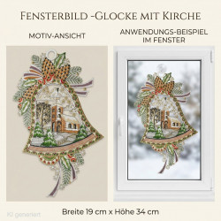 Festliches Heimtextilien-Fensterbild in Glockenform mit winterlicher Kirche, Tannengrün und Zapfen im Fenster.