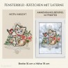 Gesticktes Heimtextilien-Fensterbild mit süßem Kätzchen, rotem Schal, Laterne und Weihnachtsgeschenken im Fenster.