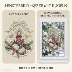 Festliches Heimtextilien-Fensterbild mit roter Kerze, goldenen Christbaumkugeln und grüner Schleife im Fenster.