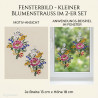 Zweiteiliges Heimtextilien-Fensterbild als kleine, bunte Blumensträuße mit rosa Blüten und Schleife im Fenster.