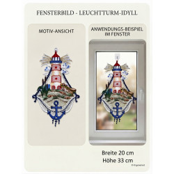 Maritimes Heimtextilien-Fensterbild mit Leuchtturm, Anker und Schiff im Fenster.