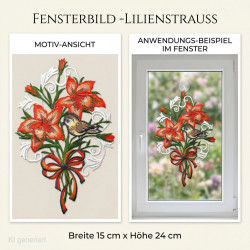 Besticktes Heimtextilien-Fensterbild als roter Lilienstrauß mit Vögelchen und roter Schleife im Fenster.