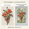 Besticktes Heimtextilien-Fensterbild als roter Lilienstrauß mit Vögelchen und roter Schleife im Fenster.