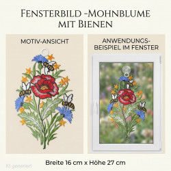 Heimtextilien-Fensterbild mit roter Mohnblume, blauen Kornblumen und Bienen im Fenster.