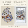 Festliches Heimtextilien-Fensterbild mit winterlicher Schneelandschaft, Häusern und Sternenhimmel im Fenster.