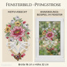 Heimtextilien-Fensterbild mit rosafarbener Pfingstrose, Schmetterling und filigraner Stickerei im Fenster.
