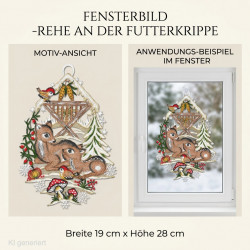 Winterliches Heimtextilien-Fensterbild mit Rehen an der Futterkrippe, Pilzen und Vögeln im Fenster.