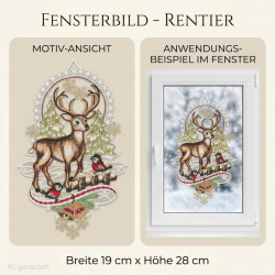 Festliches Heimtextilien-Fensterbild mit prächtigem Rentier, Glocken und Tannenbäumen im Fenster.