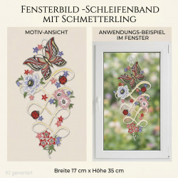Besticktes Heimtextilien-Fensterbild mit rotem Schmetterling, weißer Anemone, geschwungenem Schleifenband und Marienkäfern im Fenster.