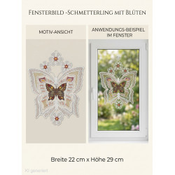 Gesticktes Heimtextilien-Fensterbild mit braun-gelbem Schmetterling, umgeben von filigraner weißer Spitze und kleinen Blüten am Fenster.