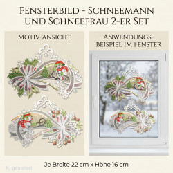 Winterliches Heimtextilien-2er-Set Fensterbild mit Schneemann und Schneefrau auf Schlitten, Tannengrün und Schleifen im Fenster.