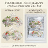 Winterliches Heimtextilien-2er-Set Fensterbild mit Schneemann und Schneefrau auf Schlitten, Tannengrün und Schleifen im Fenster.