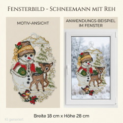 Gesticktes Heimtextilien-Fensterbild mit Schneemann, braunem Rehkitz, Vögelchen und Beeren in winterlicher Schneelandschaft am Fenster.