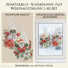 Festliches Heimtextilien-2er-Set Fensterbild mit Schneemann und Weihnachtsmann vor Tannenbaum und roten Weihnachtssternen im Fenster.