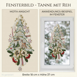 Winterliches Heimtextilien-Fensterbild mit prächtiger Tanne, Rehbock, weißer Blume und rotem Beeren-Schmuck im Fenster.