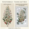 Winterliches Heimtextilien-Fensterbild mit prächtiger Tanne, Rehbock, weißer Blume und rotem Beeren-Schmuck im Fenster.