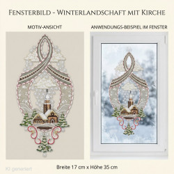 Gesticktes Heimtextilien-Fensterbild mit verschneiter Kirche, Tannen, fallenden Schneeflocken und dekorativen Schleifen am Fenster.