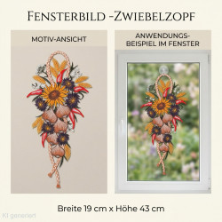 Herbstliches Heimtextilien-Fensterbild als Zwiebelzopf mit braunen Zwiebeln, Sonnenblume, Getreide und roten Chilis im Fenster.