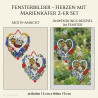 Bunte Heimtextilien-Fensterbilder in Herzform mit Marienkäfern und Blumen im Fenster.